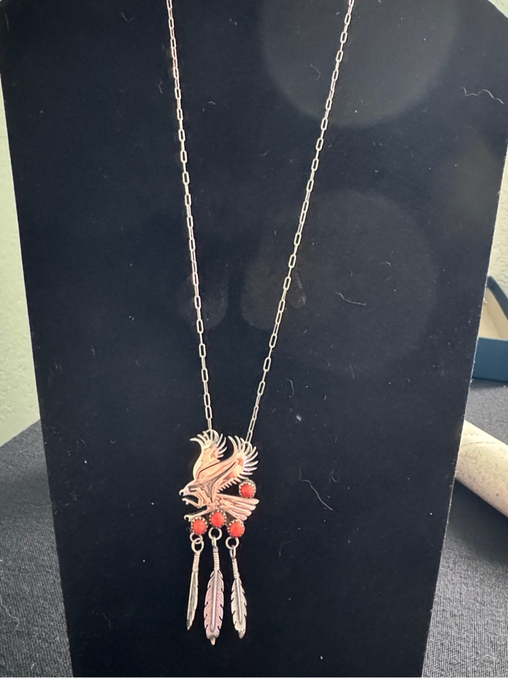 Eagle/Thunderbird Sterling Silver Pendant Necklace with Coral